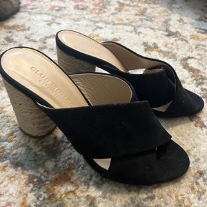 Club Monaco Black Suede Cross Heels with Rattan Round Heel Size 37